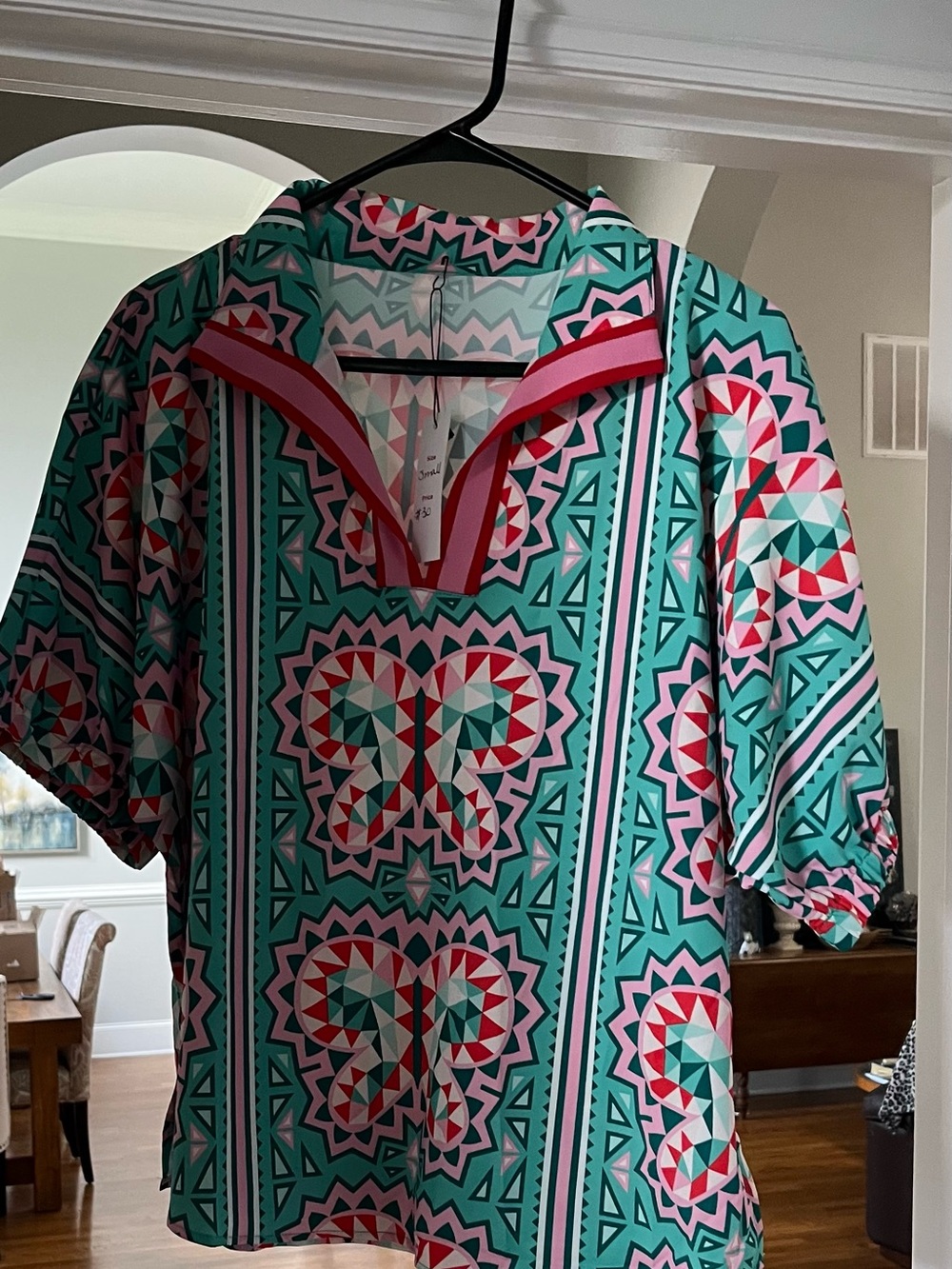 Geometric V-Neck Blouse in Teal & Pink